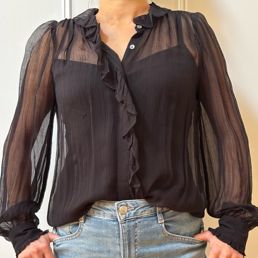 J. Crew Black Sheer Blouse with Ruffle Detail
